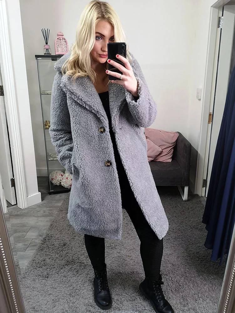 New Look Grey Teddy Coat Kunstfell Boohoo Teddyjacke New Look