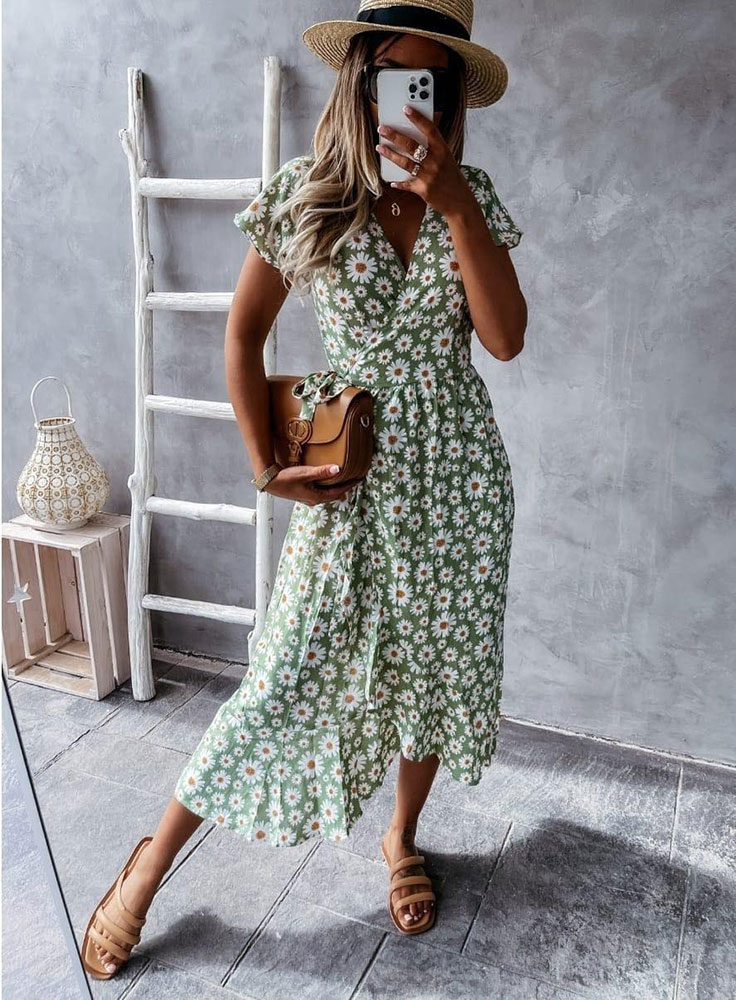 Freda Green Daisy Print Wrap Dress | Pretty Please Boutique