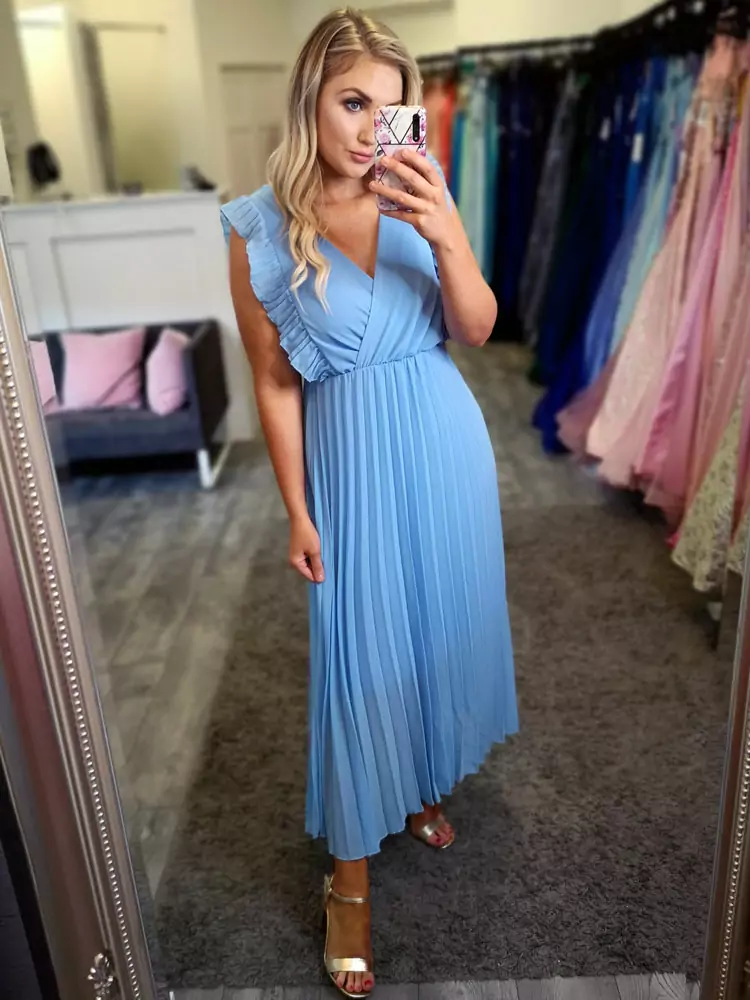 Blue pleated shop midi dress