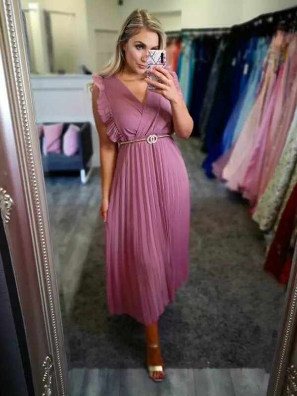 Hana Pleated Midi Dress Dusky Pink Pretty Please Boutique