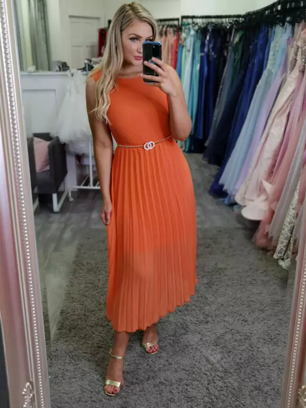 Orange pleated midi outlet dress