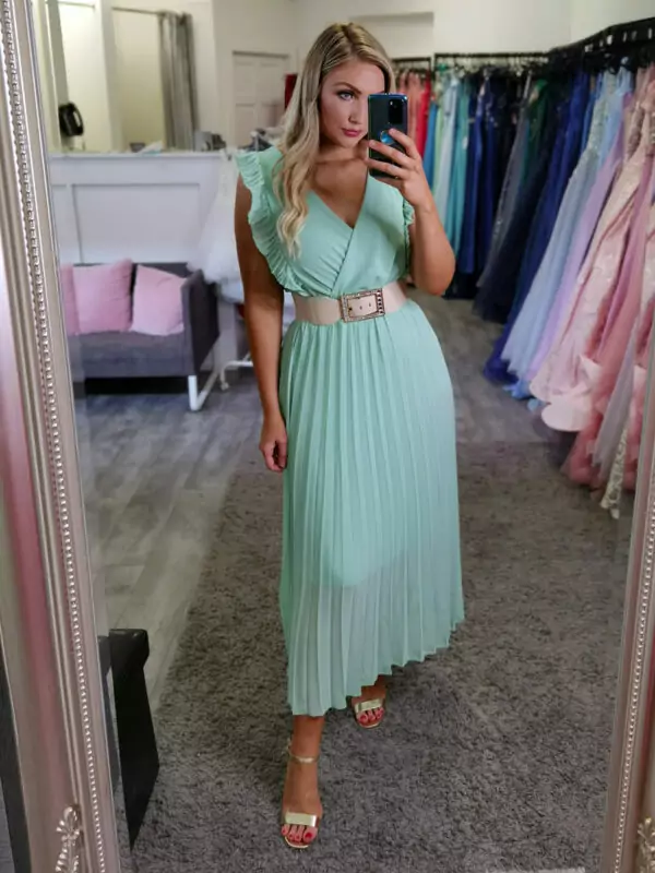 slim fit dress slacks Mint Green Stripe Puff Sleeve Mini Dress - All Dresses main image 1