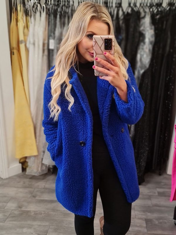 long blue teddy coat